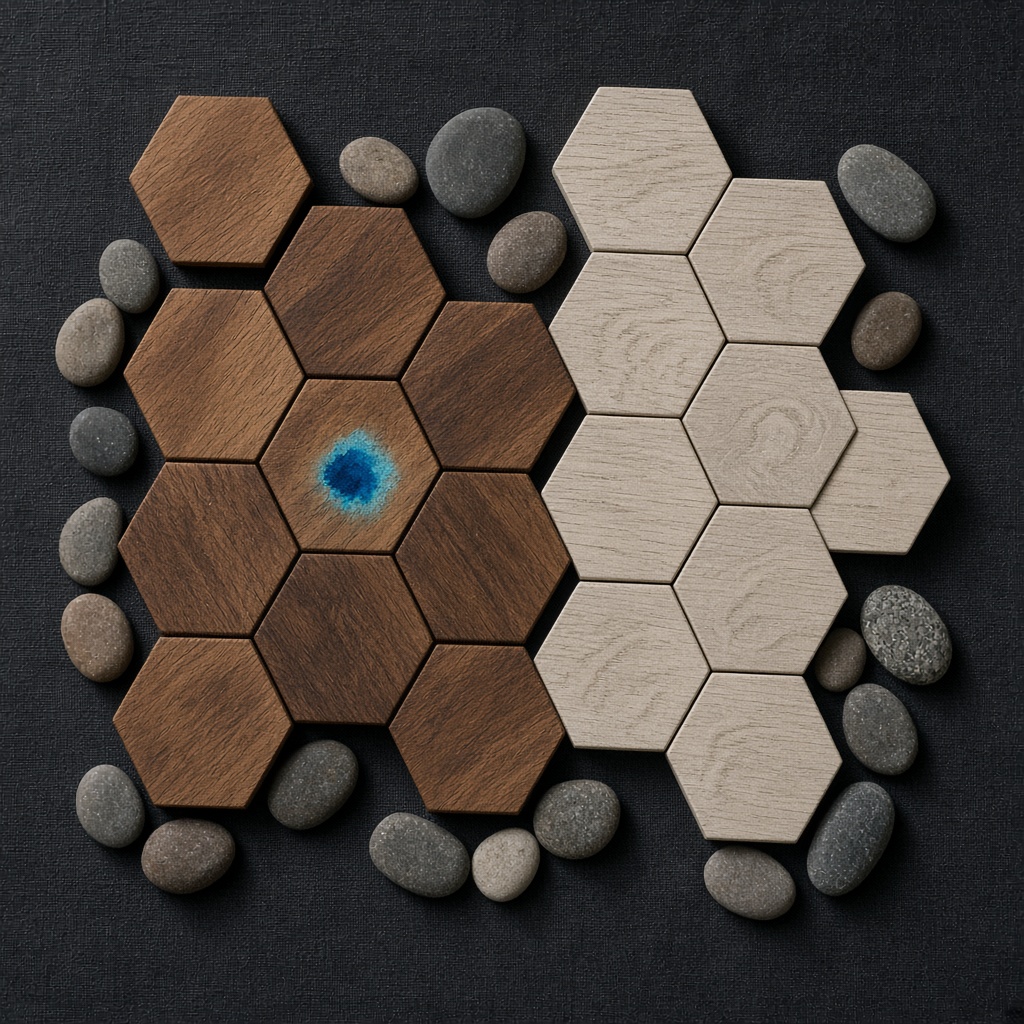 Fából készült hatszögek és kavicsok területként elrendezve